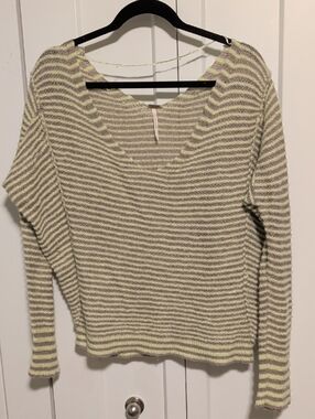 Free People Striped V-Neck Sweater in Pale Yellow and Light Gray